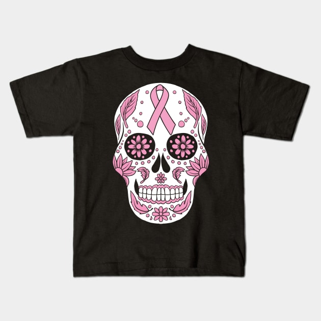 Breast Cancer Awareness Skull Pink Ribbon Kids T-Shirt by Vauliflower